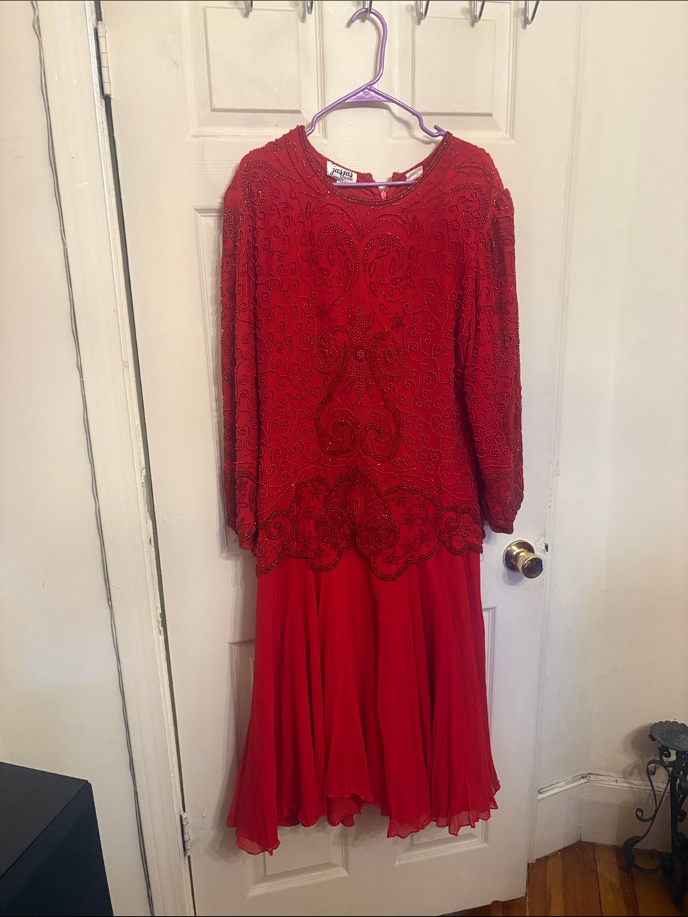 Elegant Red Beaded Midi Dress with Flowing Skirt
